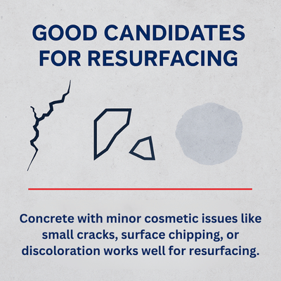 Informational graphic explains what is resurfacing concrete and identifies suitable minor damage repairs