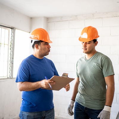 Supervisor reviews checklist with construction worker, discussing floor preparation steps and safety requirements before sealing