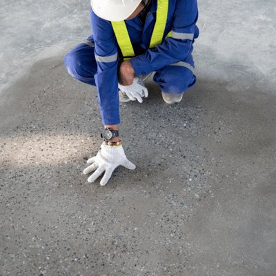 Worker kneels on slab checking texture after concrete strippers lift coatings for new treatment