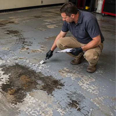 A technician inspects a damaged garage floor with peeling paint, stains, and tire marks before concrete paint removal