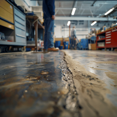 concrete paint removal service image showing damaged workshop floor crack after worn coating breakdown inspection