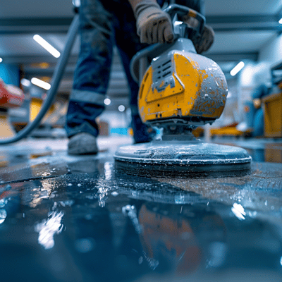 concrete paint removal service machine scrubs painted floor surface during industrial coating removal in progress