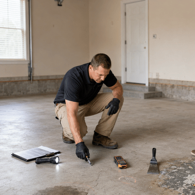A contractor inspects cracks and surface prep needs before installing epoxy garage floors Austin Texas