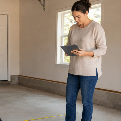 A homeowner reviews garage measurements on a tablet before planning epoxy garage floors Austin Texas installation