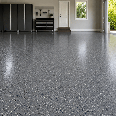 A neat empty garage displays a smooth speckled garage floor coating fort worth surface with glossy reflections