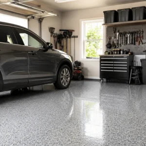 A vehicle is parked beside organized tools in a residential garage with an epoxy garage floor fort worth homeowners can use for a cleaner, polished look