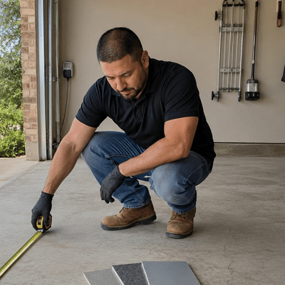 A flooring professional measures the concrete floor before an epoxy garage flooring installation in a residential garage