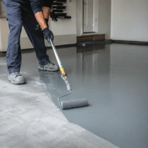 A professional installer uses a roller to apply a smooth gray epoxy coating while preparing a garage floor, an important factor in garage flooring costs