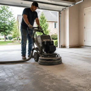 A contractor prepares an epoxy garage floor in fort worth by grinding the concrete slab inside an open residential garage