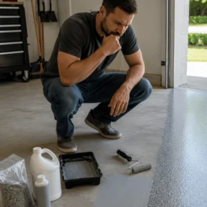 A homeowner considers a DIY kit beside an epoxy garage floor in fort worth, showing the difference between bare concrete and a coated finish