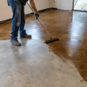 A flooring contractor uses a squeegee to spread brown stain evenly across a floor during concrete staining in dallas
