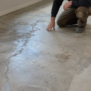 A contractor inspects cracks, patches, and surface damage on a concrete floor before concrete staining in fort worth tx begins