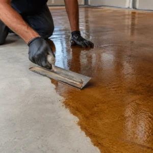 A contractor smooths and spreads brown stain across an indoor concrete floor during a concrete staining in fort worth tx project
