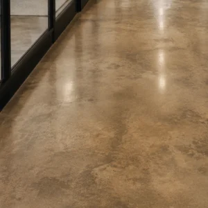 A polished brown concrete floor shows natural tonal variations and a smooth finish after concrete staining in dallas