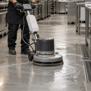 A worker cleans commercial kitchen flooring with professional floor equipment beside stainless steel appliances and drainage channels